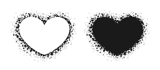 Heart shape grunge ink splatter frame set. Spray graffiti stencil border template.