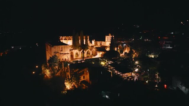 Bellapais Monastery aerial night view in Bellapais village, North Cyprus
