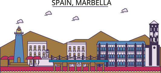 Spain, Marbella tourism landmarks, vector city travel illustration