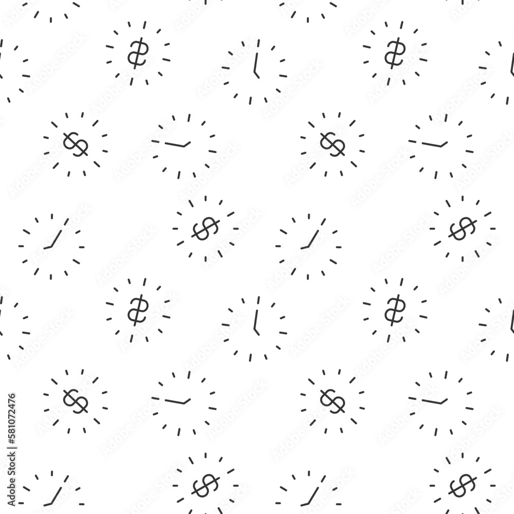 Poster seamless vector monochrome pattern of clock and clock with dollar inside for covers, shops, wrappers