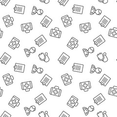 Vector seamless pattern of doctor, stethoscope, suitcase, prescription on white background. It can be used for printing on various surfaces