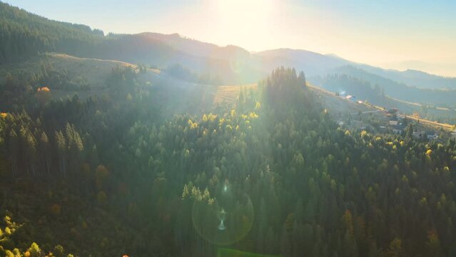 Wooded hills of Carpathian mountains in Ukraine with small traditional village houses at sunset. Brightly illuminated with setting sun evergreen woods with scattered local homes at fall season