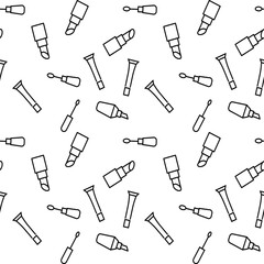 Obraz premium Seamless vector repeating pattern of lip stick, lip tint, lip gloss is made of line icons for polygraphy and websites