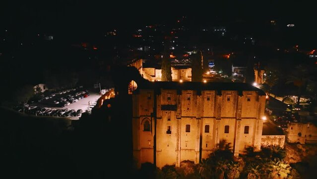 Bellapais Monastery aerial night view in Bellapais village, North Cyprus