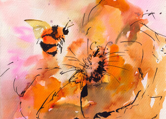 Save bees concept. Honey bee on orange hues flowers. Earth day illustration.