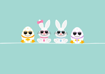 2 Weiße Osterhasen Mädchen & Junge & 2 Ostereier Sonnenbrille Karte Türkis