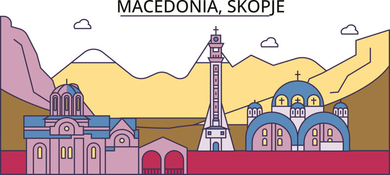 Macedonia, Skopje tourism landmarks, vector city travel illustration
