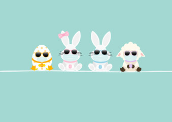 Osterei, 2 Weiße Osterhasen Mädchen/Junge & Schaf Maske Sonnenbrille Karte Türkis