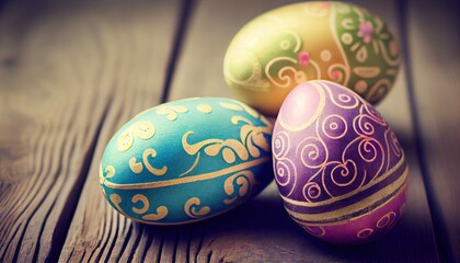 Easter eggs on wooden background with vintage tone
