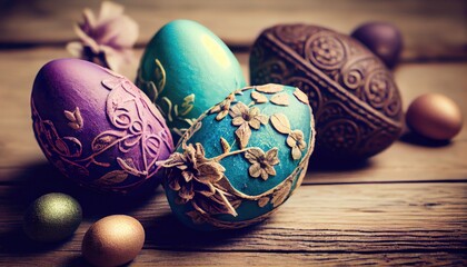 Easter eggs on wooden background with vintage tone