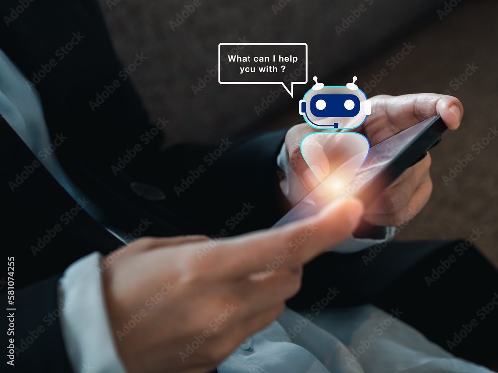 Poster artificial intelligence, ai chat bot technology concept. hologram of digital smart robot with speech