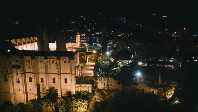 Bellapais Monastery aerial night view in Bellapais village, North Cyprus