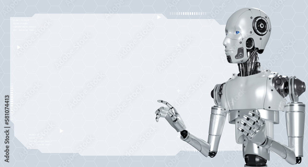 Poster mock up empty space digital frame background pointing finger by 3d rendering robot for advertising, 