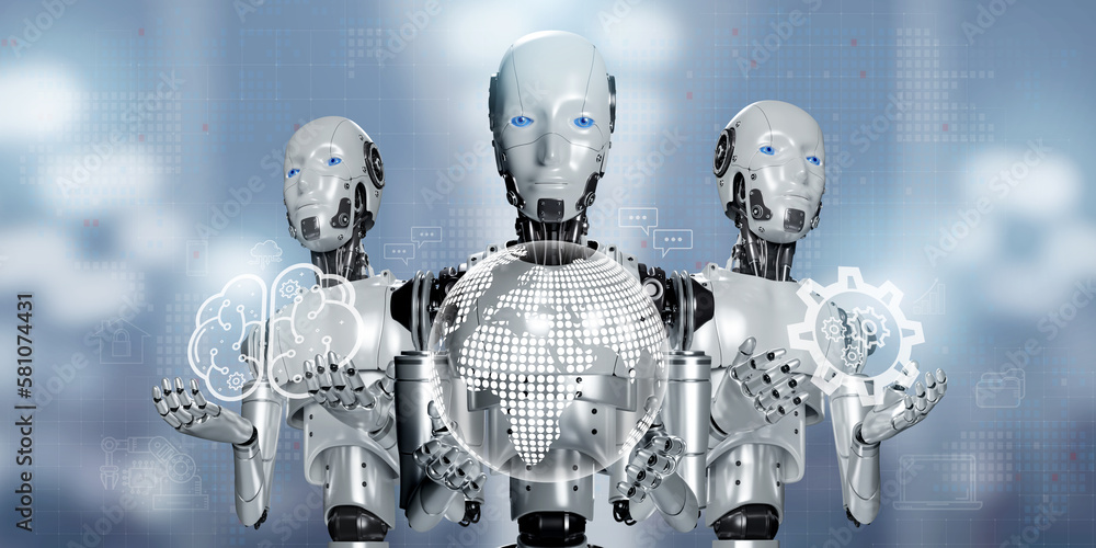 Poster 3d rendering human robots holding virtual digital world, smart brain and gears on network background