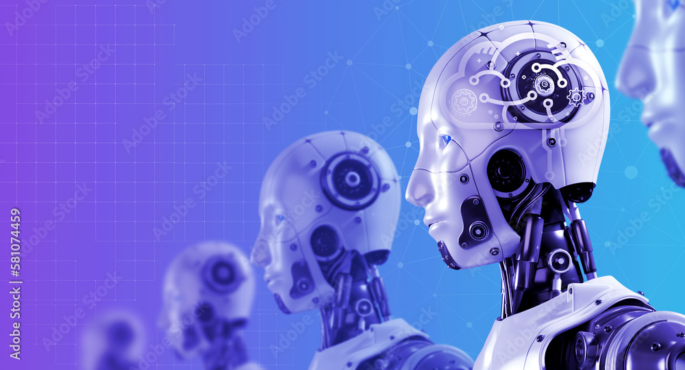 Poster the row of 3d rendering humanoid robot portraits with digital brain. robotics army, machines learnin