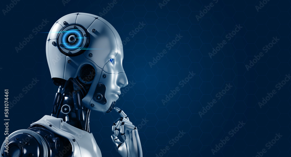 Poster 3d rendering of humanoid robot cyborg thinking and compute on blue background with copy space, hand 