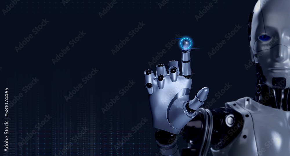Aufkleber 3d rendering smart robot touching finger with glowing on virtual digital button on empty screen on dark blue background with copy space. Ai deep learning, artificial intelligence technology concept.