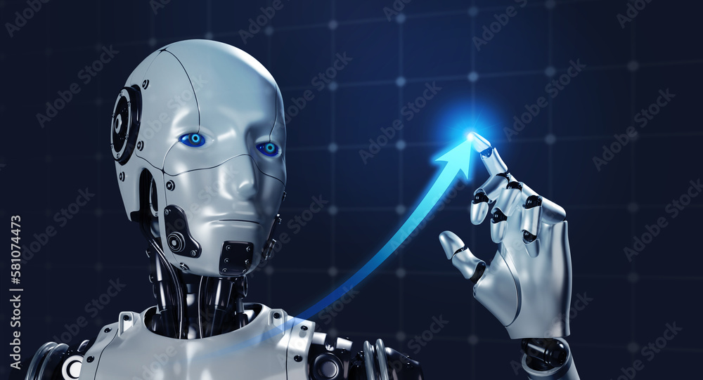 Poster 3d rendering smart robot draws rising arrow on growth graph, blue grid network background. ai human 