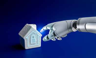 3d rendering humanoid robot hand touch on digital padlock button on white house model on blue background. AI, artificial intelligence, home security application service, lifestyle technology concept.