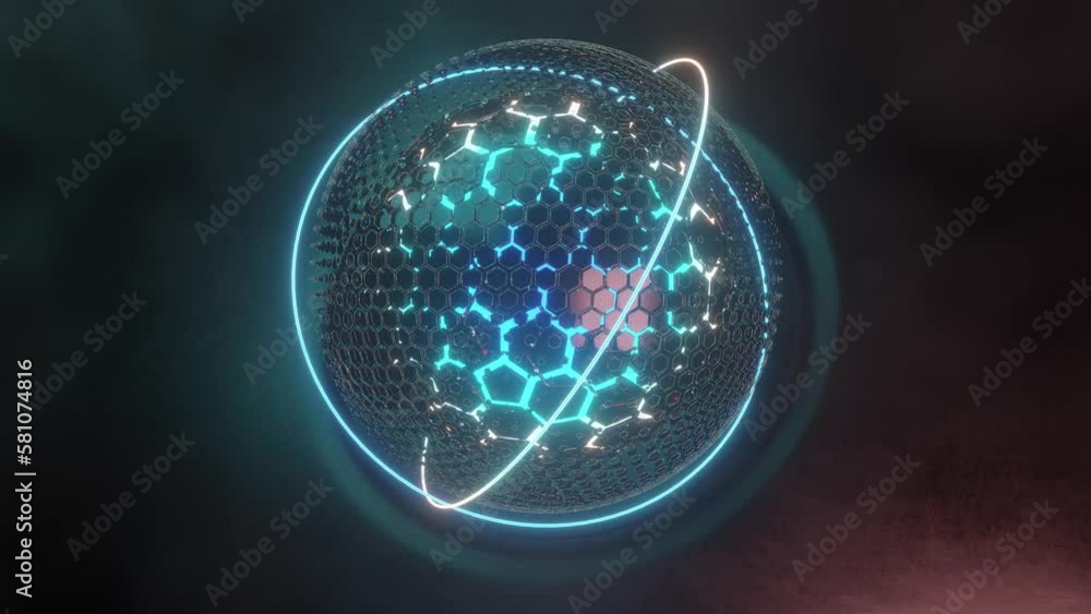 Poster loop futuristic 3d animation of a mysterious cosmic sphere made of metal hexagons in the space of mo