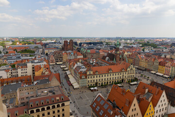 Naklejka na ściany i meble Top aerial view of Wroclaw. City center with colorful houses with red roofs and square, Poland