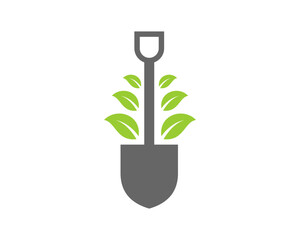 Shovel with green leaves surrounding logo