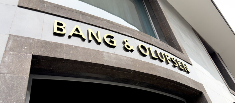 Yerevan, Armenia, March 12, 2023: Bang & Olufsen logo brand and text sign on facade shop entrance of electronics company store