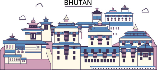 Bhutan tourism landmarks, vector city travel illustration - obrazy, fototapety, plakaty