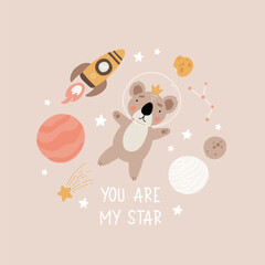Space adventure koala. Cartoon bear, hand drawing lettering, decor elements. Pastel vector illustration for kids. Scandinavian flat style. baby design for cards, posters, t-shirt print.