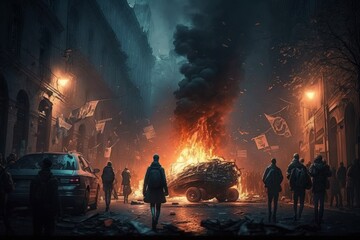 Fototapeta premium Demonstrators with burning streets and barricades. A man sees the burning street burning (Generative AI)