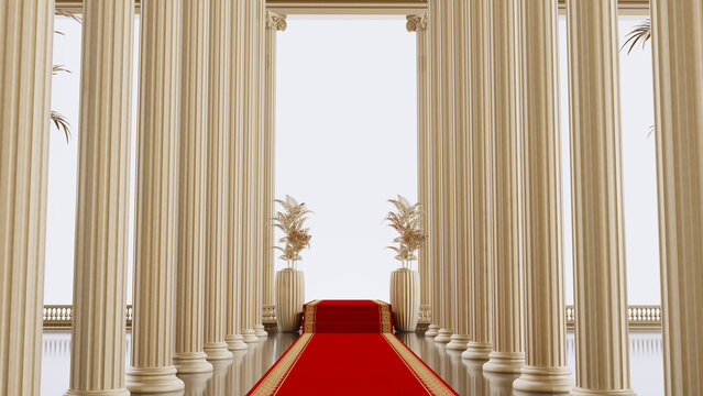 3D render of red carpet leading to shaining door, black columns