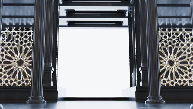 3D render of black columns with arabesque style, shaining door between columns