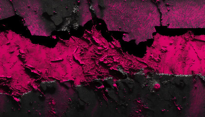 Black red rough surface. Toned old concrete wall. Viva magenta color. Trend 2023. Close - up. Grunge background for design. Distressed, cracked, broken, crumbled, damaged, dilapidated. Backdrop