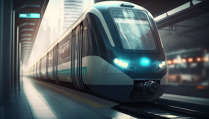 Electric metro subway passenger in modern futuristic city, Railway station subway Train drives at high speed urban landscape