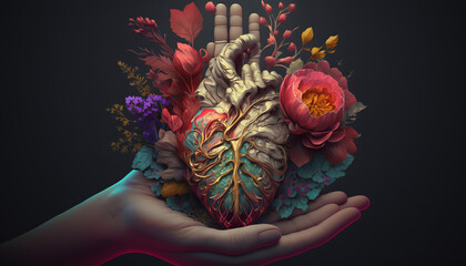 Human heart with flowers, love and emotion concept, good hearted person, help and charity