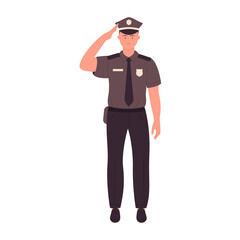 Policeman in salute pose. Standing police officer in standing pose vector illustration