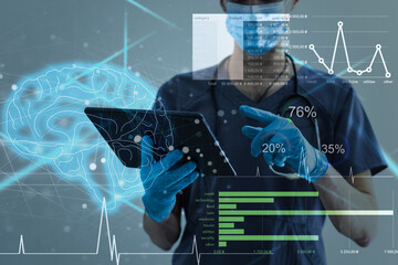 Medicine doctor touching icon medical network connection with modern virtual screen interface,...