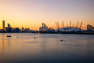 London cityscape during sunset with The O2 Arena in England