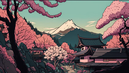 Japanese mountain village in a cherry tree forest. Graphic novel illustration style. Bubblegum pastel colour scheme. Black outline illustration. Curved corners