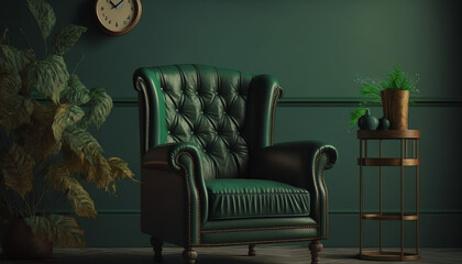 Bright and cozy modern living room interior with green armchair and decoration room on empty dark green wall background