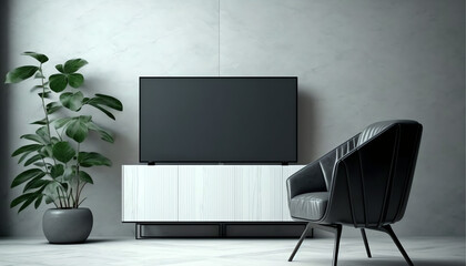 Mockup a cabinet TV wall mounted with armchair in living room with a white cement wall