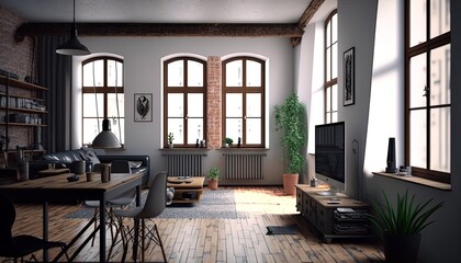Interior of hipster german flat in old building, rustic design with off white walls and wooden decor, AI generative
