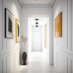 Corridor, entrance hall, architecture, interiors, minimalistic scandinavian interior with white decor, AI generative