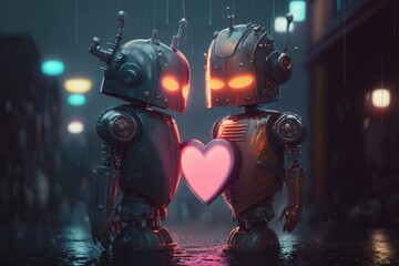 Fototapeta na wymiar Robots in love in cyber city in a rain, AI generative