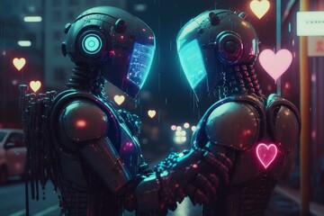 Robots in love in cyber city in a rain, AI generative