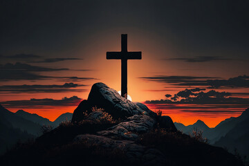 Cross in the mountains at the sunset background. Generative AI. 