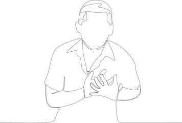 A man holds a sore chest with his hands. Hypertension one-line drawing