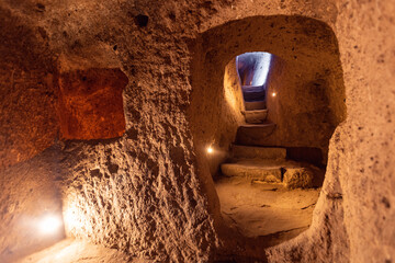 Derinkuyu underground city ancient cave in Cappadocia, Turkey, travel place of Goreme - obrazy, fototapety, plakaty