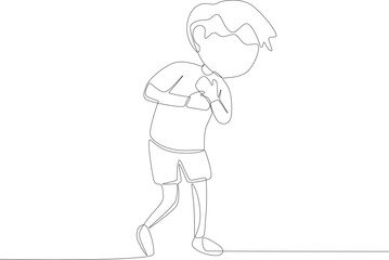 A boy walking holding chest pain. Hypertension one-line drawing