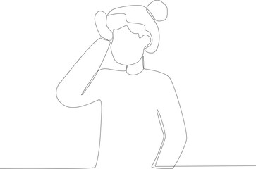 A ponytail-haired woman feels pain in the front of her head. Hypertension one-line drawing